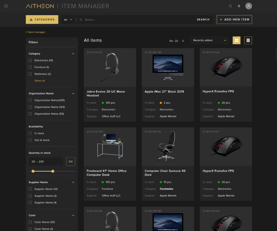 The Item Library page